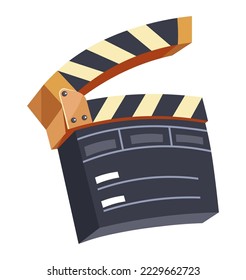 Filmmaking industry, isolated movie clapper for starting action. Cinematography and cinema recording devices and equipment. Making films and production by directors and actors. Vector in flat style