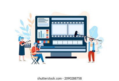 Filmmaking industry professionals at backdrop of huge PC monitor editing film and filming movie, flat cartoon vector illustration isolated on white background.