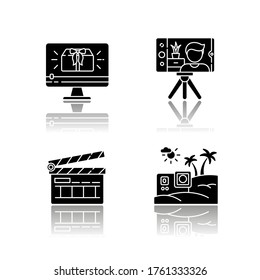 Filmmaking and Internet blogging drop shadow black glyph icons set. Travel vlog content. Movie making clapperboard. Online video. Isolated vector illustrations on white space