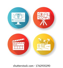 Filmmaking and Internet blogging flat design long shadow glyph icons set. Travel vlog content. Movie making clapperboard. Online video. Silhouette RGB color illustration