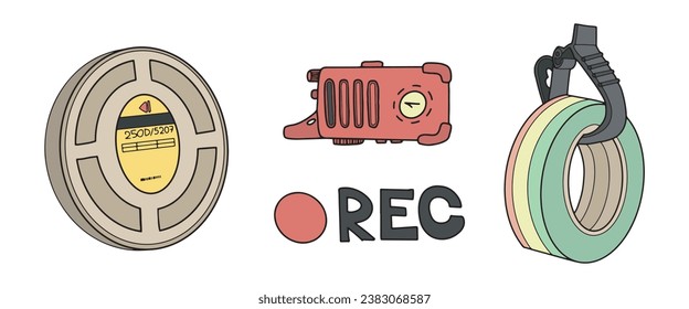filmmaking line art doodle set -  vintage film reel, walkie talkie, 'REC' button, and a multicoloured gaffer tape. Perfect for cinematic, cinema and entertainment design 