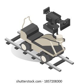 Filmmaking movement equipment. Film camera, steadicam, dolly on rail track. Professional rigs for cinema production, motion picture company. Vector illustration isolated on white background.