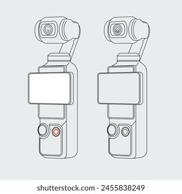 Filmmaking movement equipment. Film camera, gimbal. Mini Pocket Camera. Professional rigs for cinema production, motion picture company. Vector illustration isolated on white background.