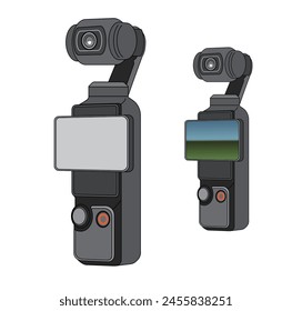 Filmmaking movement equipment. Film camera, gimbal. Mini Pocket Camera. Professional rigs for cinema production, motion picture company. Vector illustration isolated on white background.