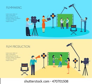 Filmmaking movie scene shooting 2 flat horizontal banners set with director cameraman and assistant isolated vector illustration 