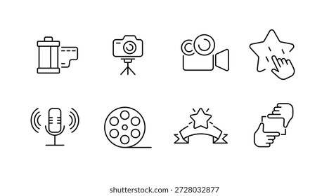 Cine y conjunto de iconos de Fotografía: cámara, micrófono, carrete de película, estrella