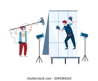 Filmmaking process with actor and sound engineer. Shooting video movie film in studio. Modern industry entertainment cinema production. Vector isolated illustration