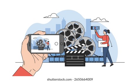 Ilustração de processo de filmagem mostrando conceito de produção de filme de gravação de vídeo de telefone celular