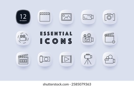 Filmmaking set icon. Clapperboard, video reel, camera, production, film strip, projector, recording, directing, screen, lens, shooting, visual effects, film industry, video editing, broadcast, studio