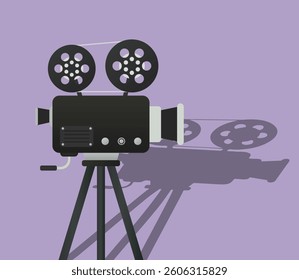 Filmmaking set icon. Vintage film projector on tripod casting shadow. Represents cinema industry, recording, storytelling, and traditional video production equipment.