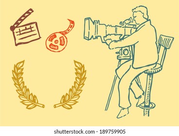 Filmmaking Vector Hand Drawn Outlines Set. Editable Clip Art.