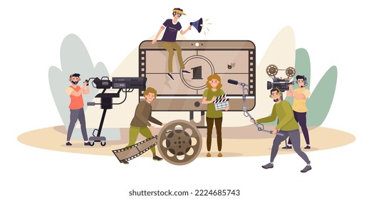 Filmmaking, video industry concept. Video editor illustration. Motion design, animation. Director, designers, editors, operators. Multimedia, visual content making.  Commercial shooting. Flat vector 