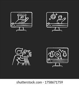 Filmmaking and videography chalk white icons set on black background. Concert streaming. Nature documentary movie. Professional cameraman. Isolated vector chalkboard illustrations