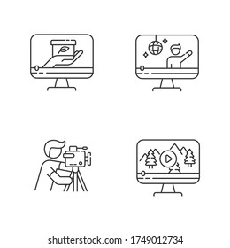 Juego de iconos lineales perfectos para la producción de películas y la videografía. Streaming del concierto. Cameraman profesional. Símbolos de contorno de línea delgada personalizables. Ilustraciones aisladas del contorno vectorial. Trazo editable