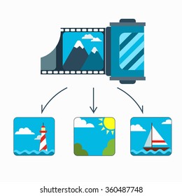 Film-roll with shot. Shot with mountains. Shot with sun. Shot with lighthouse. Shot with boat.
