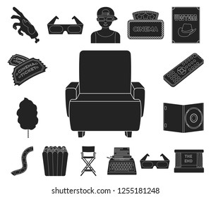 Films and cinema black icons in set collection for design.Movies and Attributes vector symbol stock web illustration.