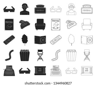 Films and cinema black,outline icons in set collection for design.Movies and Attributes vector symbol stock web illustration.