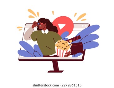 Films and series, online streaming video content service. Computer screen with movie lover with popcorn, watching TV shows on internet platform. Flat vector illustration isolated on white background