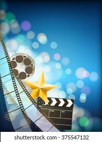 filmstrip background with clapper,reel,golden star and light effects on blue vertical background. vector