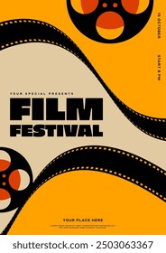 Filmstreifen und Filmrolle moderner Vintage-Retro-Stil einzeln auf gelbem Hintergrund. Design-Vorlage für Film- und Filmplakate. Verwendbar für Druck, Banner, Broschüre, Flyer, Vektorgrafik