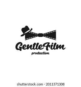 filmstrip, film roll that forms a bow tie with a fancy hat on it. vintage retro movie film cinema logo design template