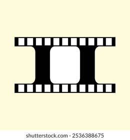 Filmstrip frame vector art design. Black and white filmstrip frame with perforations, depicting a single empty cell for a film, image, or video.