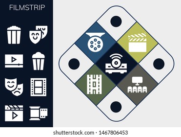 filmstrip icon set. 13 filled filmstrip icons.  Collection Of - Projector, Clapper, Film, Theatre, Video, Popcorn, Theater, Reel, Strip, Cinema