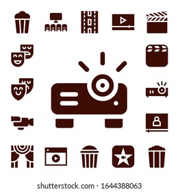 filmstrip icon set. 17 filled filmstrip icons. Included Popcorn, Theatre, Theater, Projector, Video, Cinema, Strip, Movie, Film icons