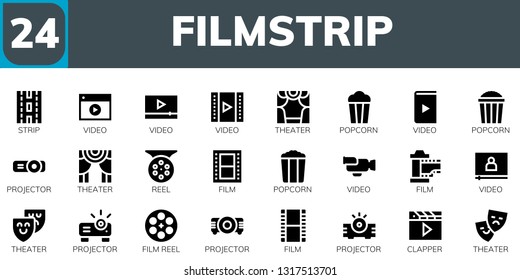 filmstrip icon set. 24 filled filmstrip icons.  Collection Of - Strip, Video, Theater, Popcorn, Projector, Reel, Film, Film reel, Clapper