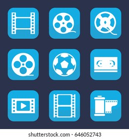 Filmstrip icon. set of 9 filled filmstrip icons such as movie tape, film tape