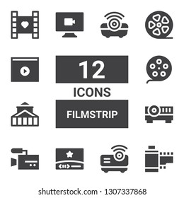 filmstrip icon set. Collection of 12 filled filmstrip icons included Film strip, Projector, Video, Theater, Film reel, Film roll