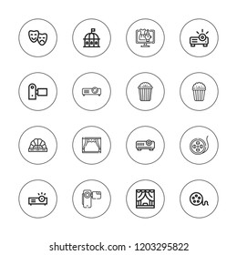 Filmstrip icon set. collection of 16 outline filmstrip icons with camcorder, film reel, popcorn, projector, theater, theatre icons.