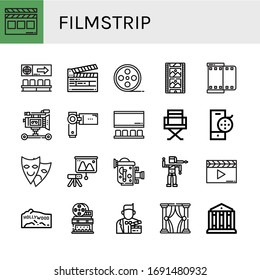 filmstrip icon set. Collection of Clapperboard, Movie, Film roll, Film strip, Film, camera, Videocamera, Cinema, Director chair, reel, Theater, Projector, Old video camera icons