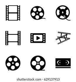 Filmstrip icons set. set of 9 filmstrip filled icons such as movie tape, film tape
