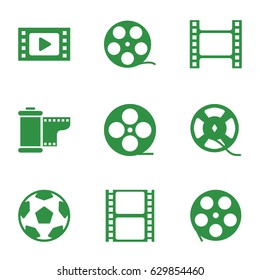Filmstrip icons set. set of 9 filmstrip filled icons such as movie tape, film tape