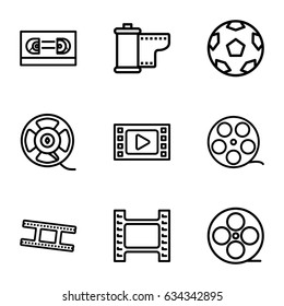 Filmstrip icons set. set of 9 filmstrip outline icons such as movie tape, film tape