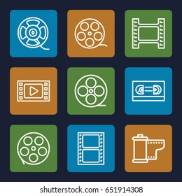 Filmstrip icons set. set of 9 filmstrip outline icons such as movie tape, film tape