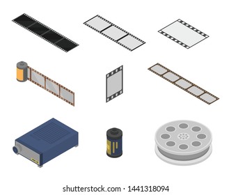 Filmstrip icons set. Isometric set of filmstrip vector icons for web design isolated on white background