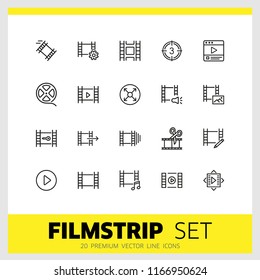 Filmstrip icons. Set of line icons. Film reel, editing, multimedia. Filming concept. Vector illustration can be used for topics like video content, cinema, movie.