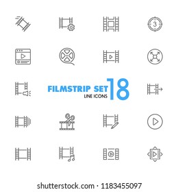 Filmstrip icons. Set of line icons. Film reel, editing, multimedia. Filming concept. Vector illustration can be used for topics like video content, cinema, movie.