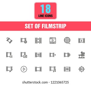 Filmstrip icons. Set of line icons. Film reel, editing, multimedia. Filming concept. Vector illustration can be used for topics like video content, cinema, movie.