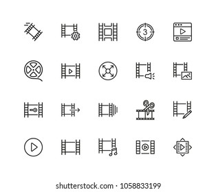 Filmstrip icons. Set of twenty line icons. Film reel, editing, multimedia. Filming concept. Vector illustration can be used for topics like video content, cinema, movie.