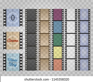 Filmstrip on transparent. Movie film strip isolated, vector cinema old reel camera strips, super 8 retro 35mm celluloid frames