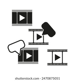 Filmstrip and play button icons vector set. Cinematography and video content symbols. Communication bubbles with film illustration.