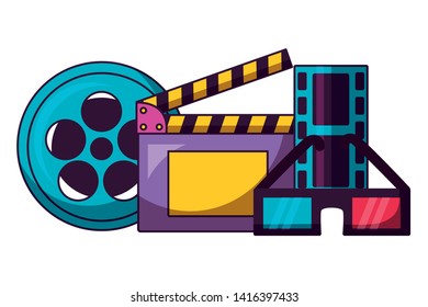 filmstrip reel clapboard 3d glasses cinema movie vector illustration 