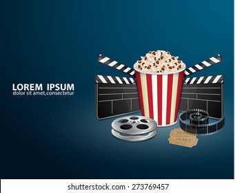 Filmstrip, reel, film clapper with vintage ticket and popcorn. Movie background. Cinema concept. EPS10 vector