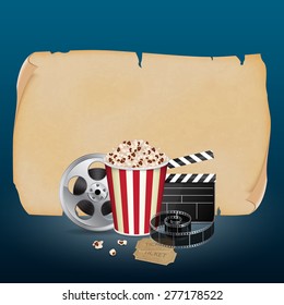 Filmstrip, reel, film clapper with vintage ticket and popcorn on blue background. Cinema concept. EPS10 vector