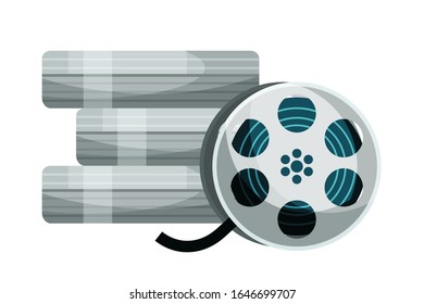 Filmstrip reel vector illustration. Vintage videotape isolated clipart on white background. Cinematography and filmmaking equipment. Film strip rolls, camera tape design element