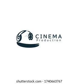 Filmstrip roll tapes with headphone, movie cinema video logo design