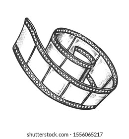 Filmstrip Roll For Video Camera Monochrome Vector. Twisted Blank Ancient Filmstrip. Curled Operator Media Accessory Engraving Template Hand Drawn In Vintage Style Black And White Illustration